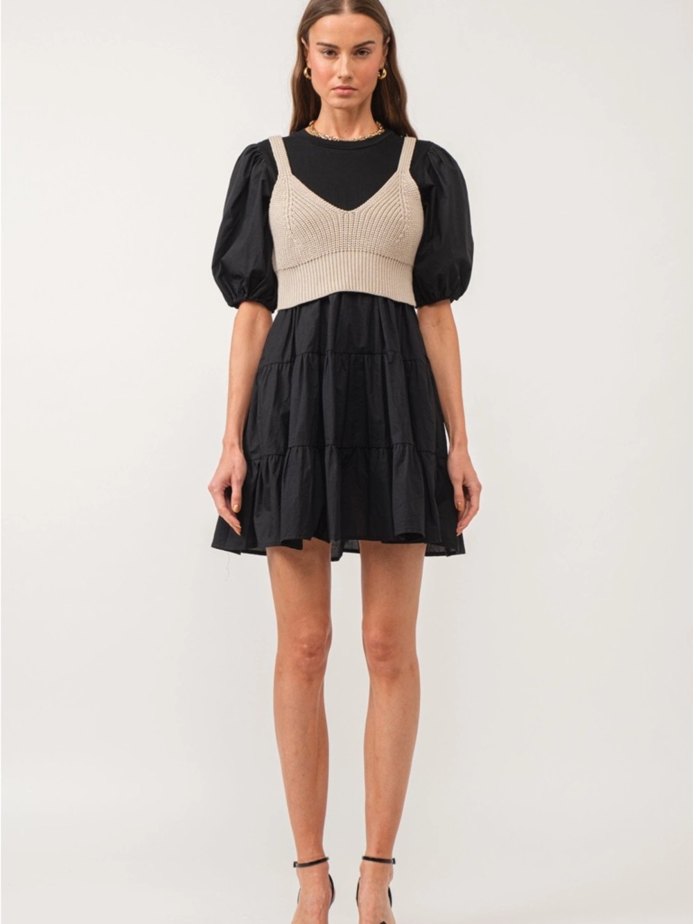 En Saison Black Puff Sleeve Tiered Dress with Cream Knit Overlay Vest